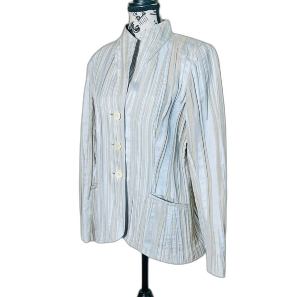 Lafayette 148 New York Textured Cotton Khaki Ivory Blazer Size 10 Retail $650+ - Picture 2 of 14